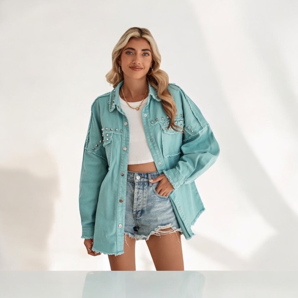 Green Frayed Trim Vintage Rivet Denim Jacket NWT - Picture 1 of 10